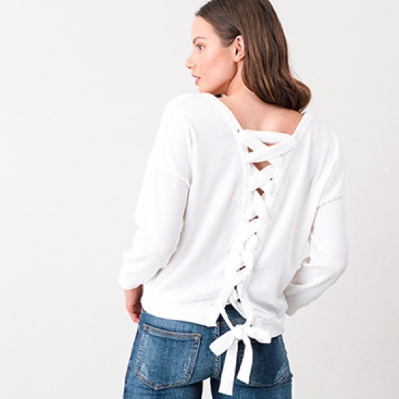 Timing Sweaters - White Ribbed Lace Up Sweater